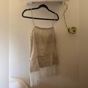 120% Lino brand Embroidered & Fringe Tank